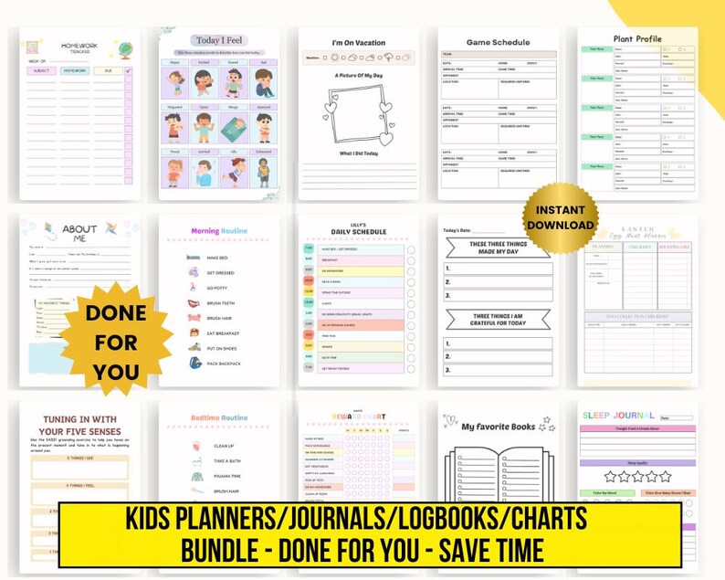 May include: A bundle of printable kids' planners, journals, and charts, including a homework tracker, daily schedule, and sleep journal. The pages are designed to save time and are available for instant download.