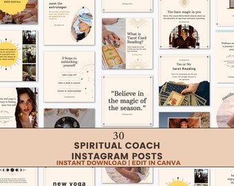 Könnte beinhalten: Eine Collage aus 30 Instagram-Post-Vorlagen für spirituelle Coaches. Die Vorlagen zeigen eine Vielzahl von Designs, darunter Zitate, Illustrationen und Fotos. Der Text "30 Spiritual Coach Instagram Posts" wird in der Mitte der Collage angezeigt.