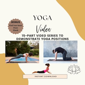 Puede incluir: Un gráfico con el texto "YOGA Video" y "15-PART VIDEO SERIES TO DEMONSTRATE YOGA POSITIONS". El gráfico también incluye tres imágenes de personas que demuestran posturas de yoga. El gráfico tiene una oferta de bonificación para un libro electrónico titulado "Find Your Inner Peace".