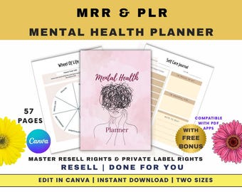 Planificador de salud mental PLR imprimible MRR Rastreador de ansiedad Derechos de reventa maestra Autocuidado DFY Plantillas de autoayuda Canva Dos tamaños Bonificaciones