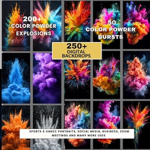 Puede incluir: Una colección de fondos digitales con vibrantes explosiones y ráfagas de polvo de color. La imagen incluye texto que dice "200+ COLOR POWDER EXPLOSIONS", "50 COLOR POWDER BURSTS" y "250+ DIGITAL BACKDROPS". Los fondos son adecuados para diversos usos.