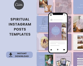 Könnte beinhalten: Ein Satz von 12 Instagram-Post-Vorlagen in einem lila und weißen Farbschema. Die Vorlagen zeigen inspirierende Zitate und Bilder von Frauen, die meditieren und Yoga praktizieren. Der Text auf den Vorlagen umfasst "Sehe die Schönheit in allem", "Einfach anfangen", "Frühvogel", "Willkommen und Seite in einer Welt", "Meine Liebe", "4 Schritte, um dich selbst freizuschalten", "Wie alles funktioniert", und "Spirituelle Instagram-Post-Vorlagen".