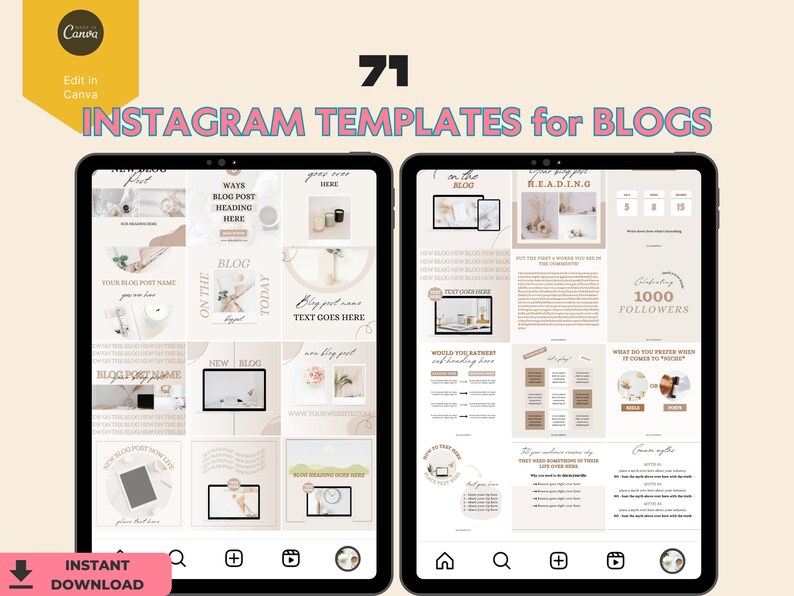 71 Instagram templates for blogs. Neutral minimalist aesthetic