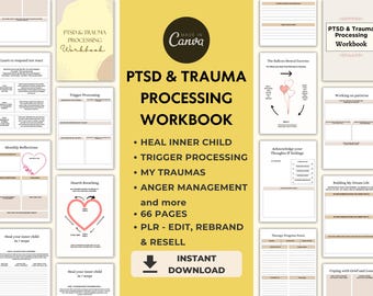 PTSD & Trauma Processing Workbook PLR Editable Canva Templates, Trauma Therapy Worksheets Private Label Rights, Inner Child Healing Download