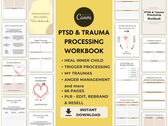 PTSD & Trauma Processing Workbook PLR Editable Canva Templates, Trauma Therapy Worksheets Private Label Rights, Inner Child Healing Download