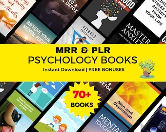 Könnte beinhalten: Eine Sammlung von Psychologiebüchern mit Titeln wie "Master Anxiety" und "Improve Your Mental Focus". Das Bild zeigt ein gelbes Banner mit dem Text "MRR & PLR PSYCHOLOGY BOOKS" und "70+ BOOKS". Sofortiger Download und kostenlose Boni werden beworben.