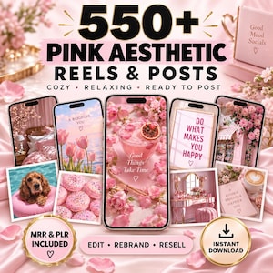 May include: A digital collection of 550+ pink aesthetic reels and posts featuring various images including a dog on a float, macarons, flowers, and inspirational text. The set includes MRR and PLR rights for editing, rebranding, and reselling.