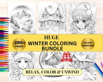 Winter Coloring Pages Bundle Christmas Colouring 280+ Pages, Cozy Cabins, Snow Globes, Grayscale Coloring Adults & Teens, Download Bonus