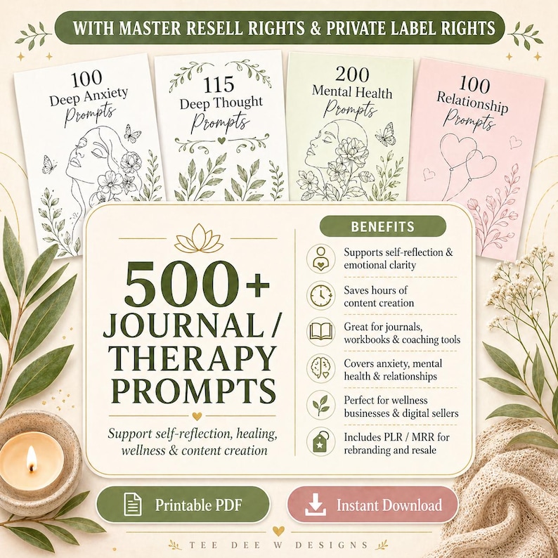 May include: A digital product image featuring four journal covers with titles like "Deep Anxiety Prompts" and "Relationship Prompts." The image also highlights "500+ Journal/Therapy Prompts" with benefits such as self-reflection and content creation.