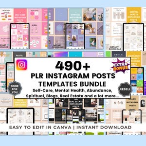 Meer dan 490 Canva Instagram-posttemplates: PLR, zelfzorg, coaching, social media management. Direct te downloaden.