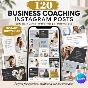 Puede incluir: Una colección digital de 120 plantillas de publicaciones de Instagram para coaching de negocios, mostradas en la pantalla de un teléfono inteligente y como tarjetas individuales. Los diseños incluyen una paleta de colores neutros.