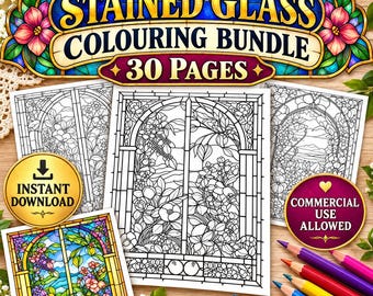 May include: A Stained Glass Colouring Bundle with 30 pages featuring black and white line art of floral window designs. Includes a gold instant download badge, a magenta commercial use badge, and colored pencils on a wooden surface.