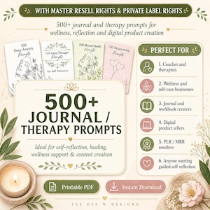 May include: An image promoting 500+ journal and therapy prompts for wellness and self-reflection. The design features several small book covers, a candle, and text that reads "500+ JOURNAL / THERAPY PROMPTS". The image also includes the text "Printable PDF" and "Instant Download".