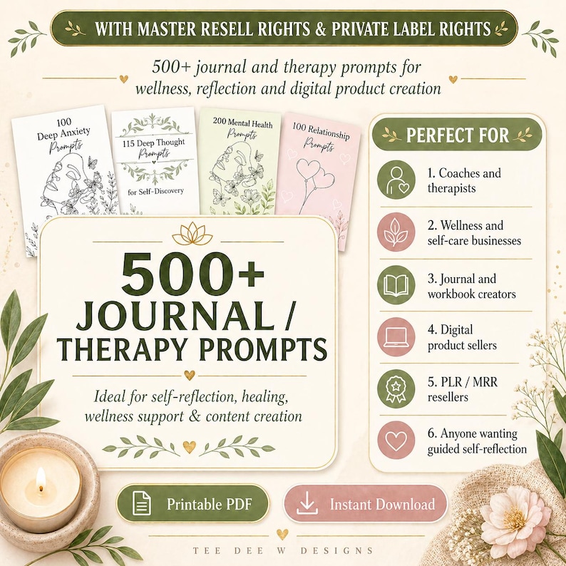 May include: An image promoting 500+ journal and therapy prompts for wellness and self-reflection. The design features several small book covers, a candle, and text that reads "500+ JOURNAL / THERAPY PROMPTS". The image also includes the text "Printable PDF" and "Instant Download".