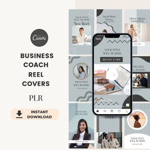 May include: A set of nine Instagram reel covers featuring a business coach theme. The covers feature a light blue background with gray and white accents. The text on the covers includes "Your Title Will Be Here", "New Reel", "Social Media Strategy", "Tips & Tricks Your Title", "Brand Name", and "Your Brand".