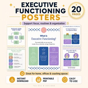 May include: Executive Functioning Posters with the text "Support focus, routines & organisation." The posters include tips for managing time, focus, and problem-solving. The design is in shades of purple, green, and yellow. Includes "Instant Download" and "Printable PDF" options.