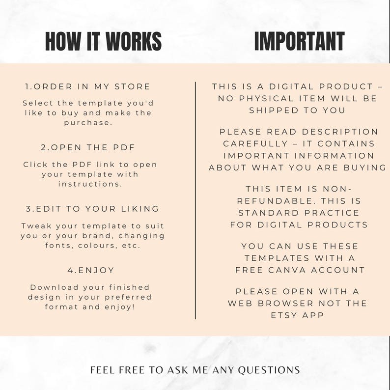 May include: A digital product information graphic with the headings "HOW IT WORKS" and "IMPORTANT". The text explains the steps to purchase, open, edit, and enjoy a template. It also states the product is digital and non-refundable.