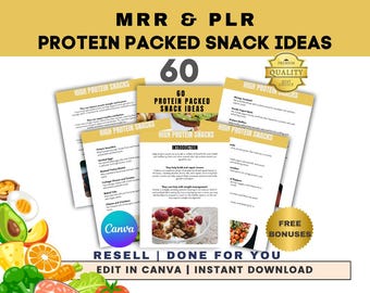 60 High Protein Snack Ideas PLR Health Coach MRR Health & Wellness Weight Loss Master Resell Rights Fitness Planner DFY Canva Templates