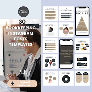May include: A collection of 30 Instagram post templates for bookkeeping businesses. The templates feature a variety of designs, including charts, graphs, and illustrations. The text on the templates includes phrases like "How to Improve Financial Literacy?", "Bookkeeping Warning Signs", "Ways to Use Your Profits", "Bookkeeping Benefits", "Mistakes in Bookkeeping", "When You May Need a Bookkeeper", "What Does Bookkeeping Include?", and "Myth vs. Fact".