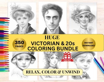 350 Victorian Coloring Pages for Adults & Teens Stress Relief Colouring Pages Bundle, Grayscale Light Dark Coloring Bonus