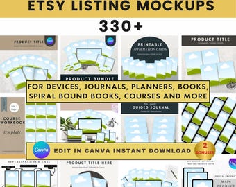 Pode incluir: Uma coleção de mais de 330 maquetes de listagem Etsy para produtos digitais, incluindo cartões de afirmação imprimíveis, diários guiados, cadernos de exercícios e muito mais. As maquetes apresentam uma variedade de dispositivos, diários, planejadores e livros, todos com um esquema de cores verde e azul. O texto "Edit in Canva Instant Download" é exibido em uma faixa amarela.
