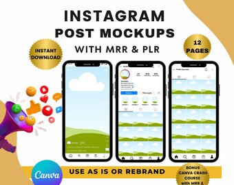 Pode incluir: Uma maquete de três postagens do Instagram na tela de um smartphone. As postagens apresentam uma paisagem verde com nuvens brancas e um céu azul. O texto "INSTAGRAM POST MOCKUPS WITH MRR & PLR" está no topo da imagem. O texto "USE AS IS OR REBRAND" está abaixo das maquetes. O texto "BONUS CANVA CRASH COURSE with MRR & PLR" está no canto inferior direito da imagem.