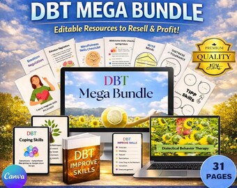 DBT Mega Bundle MRR | 33 Printable DBT Worksheets with Master Resell Rights, plr, Instant Download, Dialectical Behavior Therapy Tools