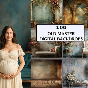 May include: A woman in a cream-colored dress stands in front of a teal sofa. The image showcases a collection of 100 digital backdrops with vintage-style designs, including floral arrangements, architectural elements, and textured backgrounds, perfect for photography.