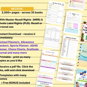 May include: A selection of printable digital planners and activity books. The image shows pages for school, allowance tracking, sports, ADHD, chores, gratitude, and more. The text reads "RECEIVE: 3,000+ pages - across 35 books".