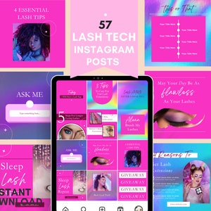 Könnte beinhalten: Eine Collage aus 12 pinken und blauen Instagram-Post-Vorlagen für Wimperntechniker. Die Vorlagen enthalten Text wie "Sleep Lash Repeat", "4 Essential Lash Tips", "Alexa Brush My Lashes" und "Give Away".