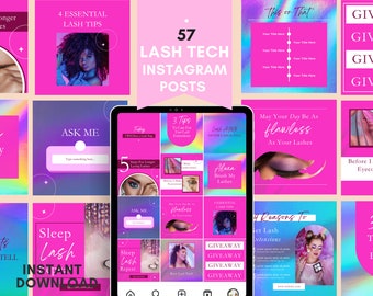 57 plantillas de publicaciones de Instagram para técnicas de pestañas en color rosa, editables en Canva, con frases inspiradoras sobre pestañas. Descarga gratuita. Paquete para redes sociales.