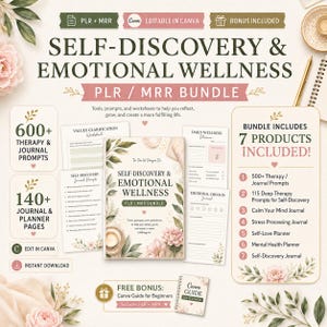 以下が含まれることがあります： 「Self-Discovery & Emotional Wellness」と題されたデジタルバンドル。600以上のセラピーおよびジャーナルプロンプト、140以上のジャーナルおよびプランナーページ、7つの製品が含まれています。デザインには花のアクセントとテキストが施されています。