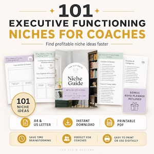 May include: A promotional graphic for executive function coaches, featuring the text "101 Executive Functioning Niches for Coaches." The image includes a guide, worksheets, and a bonus ADHD planner. It also highlights "101 Niche Ideas" and "Instant Download."