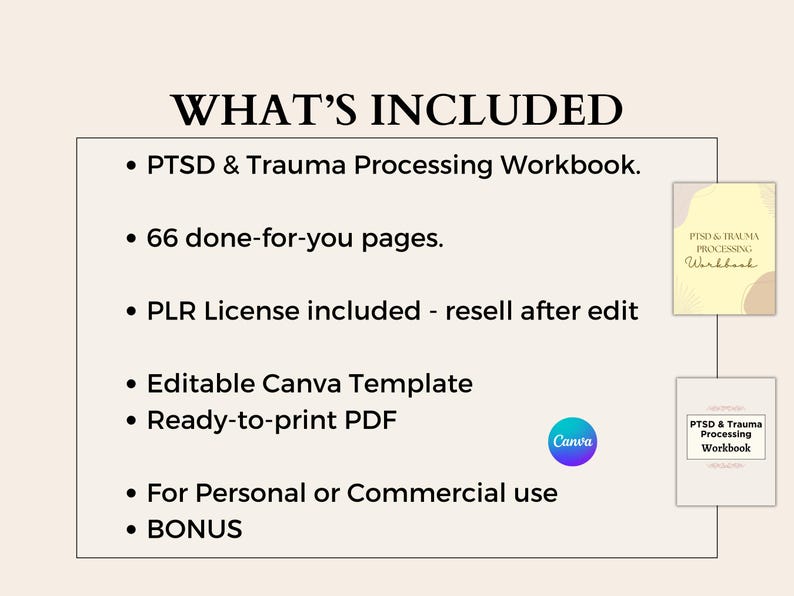 May include: A list of what's included in a PTSD & Trauma Processing Workbook. The list includes 66 done-for-you pages, a PLR license, an editable Canva template, a ready-to-print PDF, and a bonus. The workbook cover is shown in the image.
