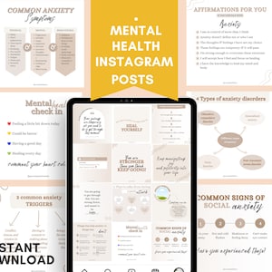Op de afbeelding: Een digitale tablet met een raster van social media sjablonen gericht op geestelijke gezondheid. De sjablonen hebben beige en witte achtergronden met donkerbruine tekst, waaronder zinnen als Common Anxiety Symptoms, Affirmations For You en Mental Health Check In.