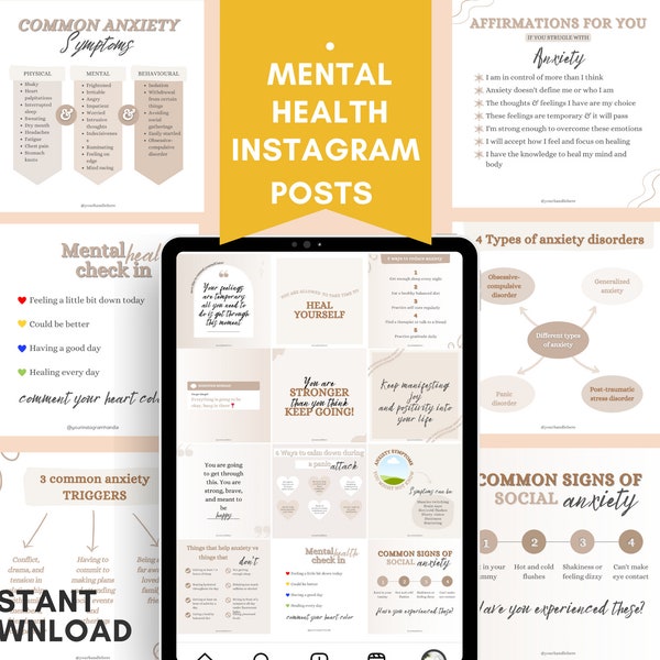 Mental Health Instagram Post Templates Bundle, 60 Anxiety Instagram Posts Wellness Instant Download, Social Media Pack, Editable in Canva