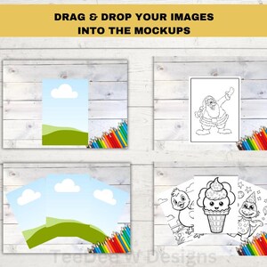 Pode incluir: Quatro p&aacute;ginas para colorir imprim&iacute;veis que apresentam uma paisagem, Papai Noel, um p&aacute;ssaro, um cone de sorvete e um monstro. As p&aacute;ginas s&atilde;o exibidas em um fundo de madeira branca com l&aacute;pis de cor.