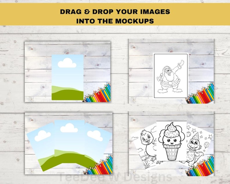 Pode incluir: Quatro p&aacute;ginas para colorir imprim&iacute;veis que apresentam uma paisagem, Papai Noel, um p&aacute;ssaro, um cone de sorvete e um monstro. As p&aacute;ginas s&atilde;o exibidas em um fundo de madeira branca com l&aacute;pis de cor.