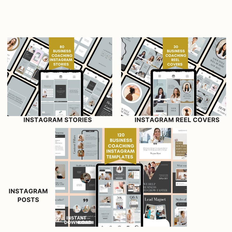 May include: A collage of images showcasing various Instagram templates for business coaches. The templates feature different layouts, colors, and designs, including a black and white template with the text "Content Pillars" and a gray template with the text "Hey Coaching".