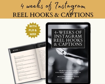 4 Weeks Instagram Reel Hooks and Captions MRR, Private Label Rights, PLR, Master Resell Rights, DFY guide, Passive Income,