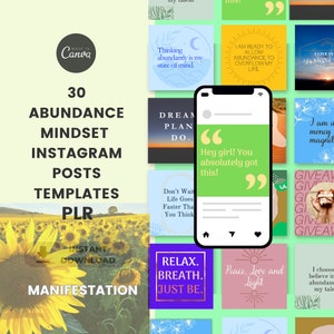 May include: A collage of 30 Instagram post templates with motivational quotes about abundance and mindset. The templates feature a variety of colors and designs, including sunflowers, a phone screen, and a quote bubble. The text on the templates includes phrases like "Dream Plan Do", "Relax Breath Just Be", "I am a money magnet", and "Live in Abundance".