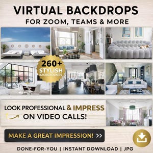 Pacote com mais de 260 fundos virtuais UHD para escritórios, Zoom, Skype, Teams, Sala de estar, Estante, Interiores, Skylines, Trabalho remoto