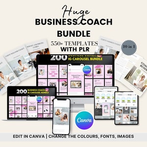 Könnte beinhalten: Ein digitales Marketing-Paket für Business-Coaches mit über 550 Vorlagen und 200 Instagram-Karussell-Beiträgen. Das Paket beinhaltet Willkommens- und Abschiedspakete für Kunden, Service- und Preisrichtlinien sowie Vorlagen für Coaching-Geschäftsplaner. Die Vorlagen sind für die Bearbeitung in Canva konzipiert und enthalten den Text "Huge Business Coach Bundle 550+ Templates with PLR 200 IG Carousel Bundle 10 in 1".