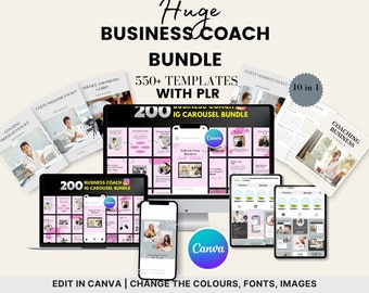 Peut inclure: Un pack de marketing numérique pour les coachs d'affaires avec plus de 550 modèles et 200 publications carrousel Instagram. Le pack comprend des dossiers de bienvenue et d'adieu pour les clients, des guides de services et de prix, et des modèles de planificateur d'entreprise de coaching. Les modèles sont conçus pour être modifiés dans Canva et incluent le texte "Huge Business Coach Bundle 550+ Templates with PLR 200 IG Carousel Bundle 10 in 1".