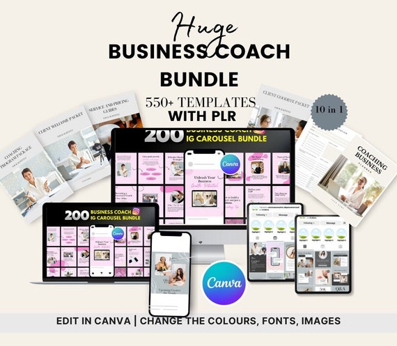 Business Coaching Bundle PLR Resell 550+ Templates, 10-in-1, Instagram Posts Stories Reel Covers, IG Carousel Templates, Coaching Planner