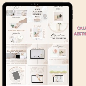 May include: A collection of nine Instagram story templates with a calming aesthetic. The templates feature a neutral colour palette of beige, white, and brown. The templates include text such as "New Blog Post", "Ways Blog Post Heading Here", "Blog Post Name Text Goes Here", and "Your Blog Post Name".