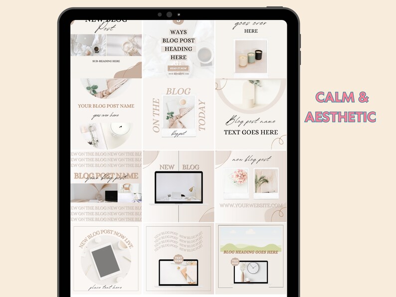 May include: A collection of nine Instagram story templates with a calming aesthetic. The templates feature a neutral colour palette of beige, white, and brown. The templates include text such as "New Blog Post", "Ways Blog Post Heading Here", "Blog Post Name Text Goes Here", and "Your Blog Post Name".