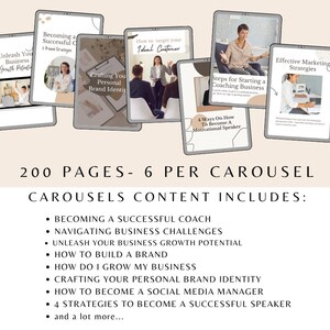 May include: A collection of six digital marketing guides for coaches and business owners. The guides include topics such as becoming a successful coach, navigating business challenges, unleashing business growth potential, building a brand, growing a business, crafting a personal brand identity, becoming a social media manager, and becoming a successful speaker. The guides are 200 pages long and are designed to be used as a carousel on social media.