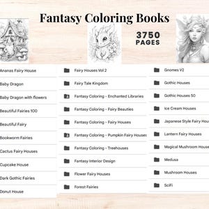 Może przedstawiać: Cyfrowy obrazek przedstawiający kolekcję książek do kolorowania fantasy. Obraz zawiera ilustracje wr&oacute;żek, smok&oacute;w i fantazyjnych dom&oacute;w. Tekst brzmi "Fantasy Coloring Books" i "3750 PAGES".