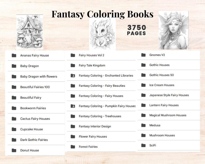 Może przedstawiać: Cyfrowy obrazek przedstawiający kolekcję książek do kolorowania fantasy. Obraz zawiera ilustracje wr&oacute;żek, smok&oacute;w i fantazyjnych dom&oacute;w. Tekst brzmi "Fantasy Coloring Books" i "3750 PAGES".